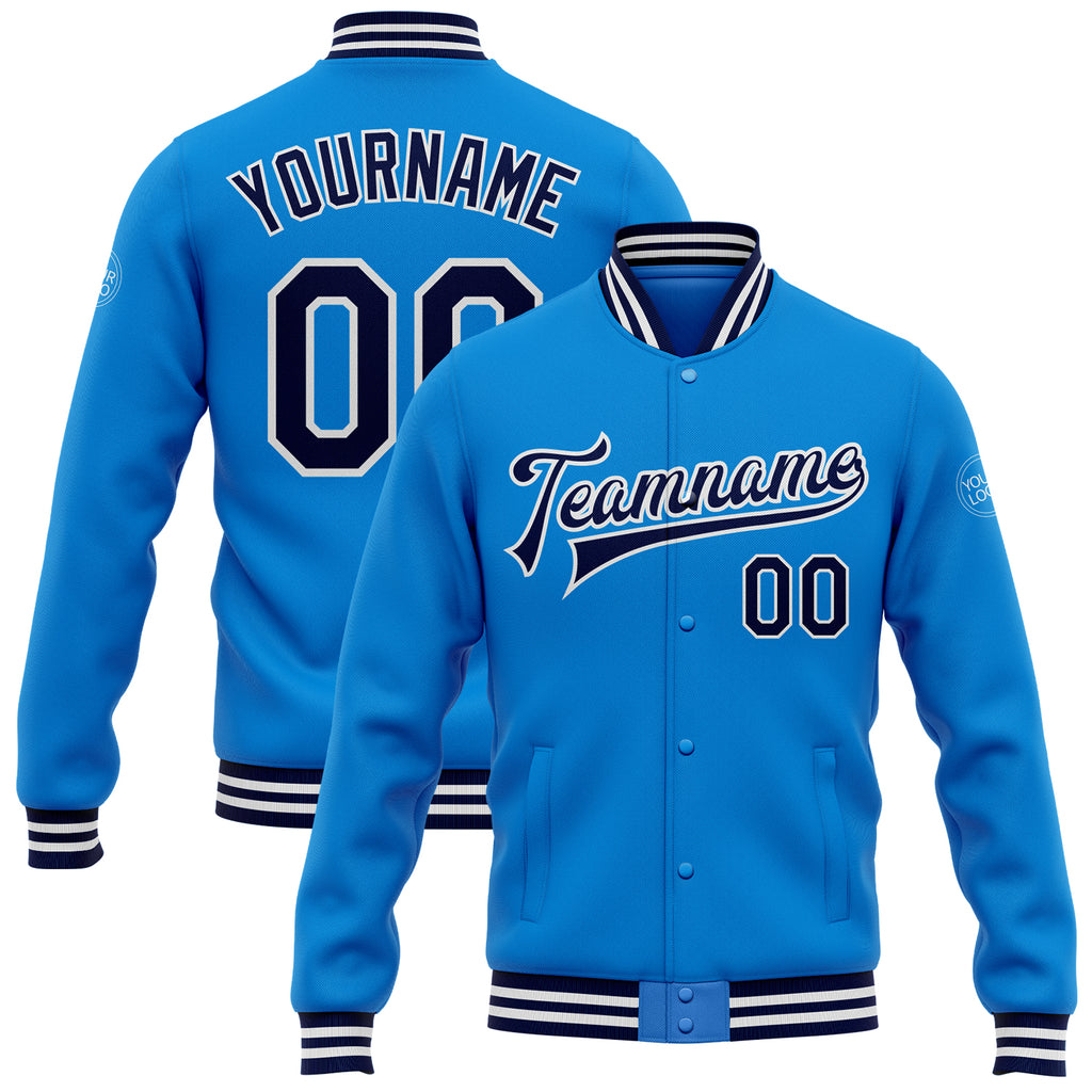 Custom Electric Blue Navy-White Bomber Full-Snap Varsity Letterman Jacket