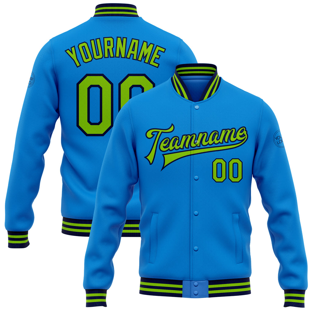 Custom Electric Blue Neon Green-Navy Bomber Full-Snap Varsity Letterman Jacket