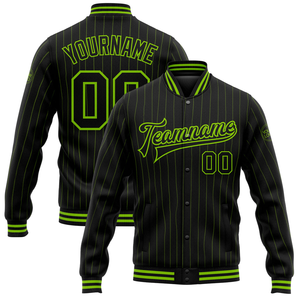 Custom Black Neon Green Pinstripe Neon Green Bomber Full-Snap Varsity Letterman Jacket