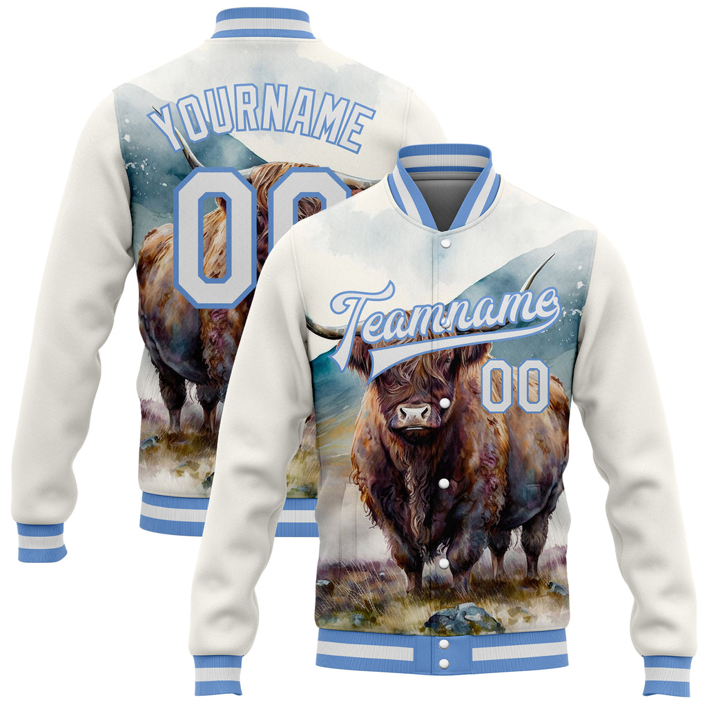 Custom White Light Blue A Bull In Tropical Exotic Jungle 3D Pattern Design Bomber Full-Snap Varsity Letterman Jacket