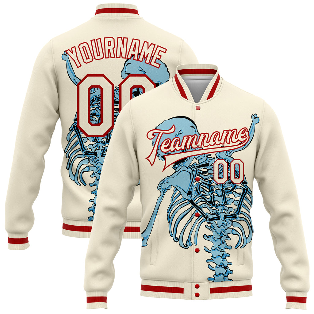 Custom Cream Red Skull Fashion 3D Bomber Full-Snap Varsity Letterman Jacket