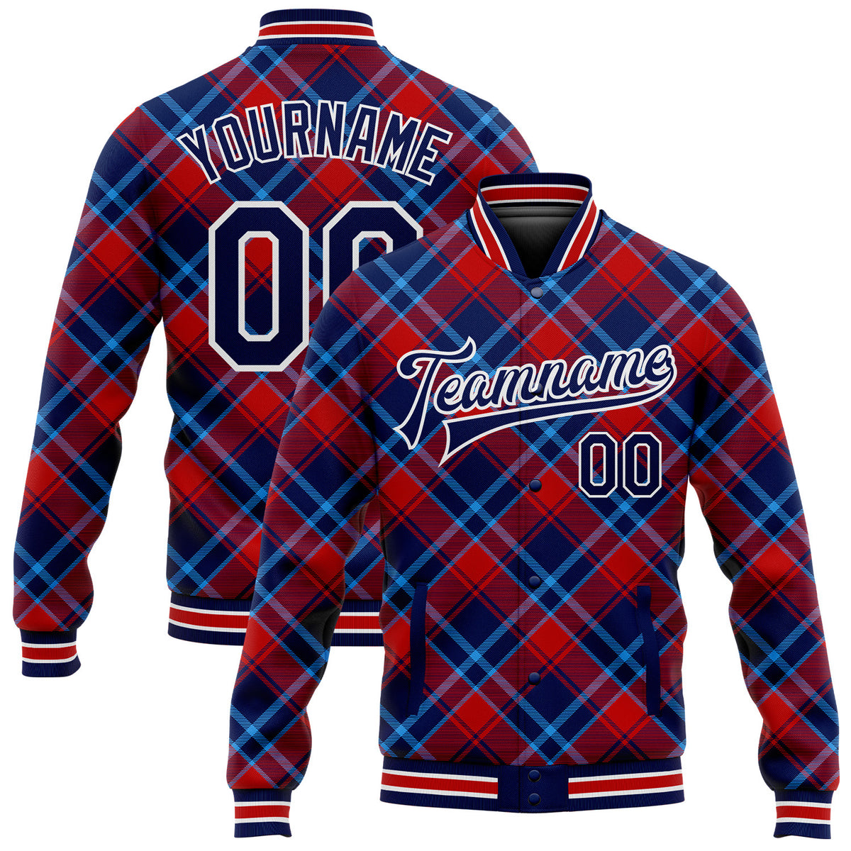 Custom Navy Red-Light Blue Check Board 3D Pattern Design Bomber Full ...
