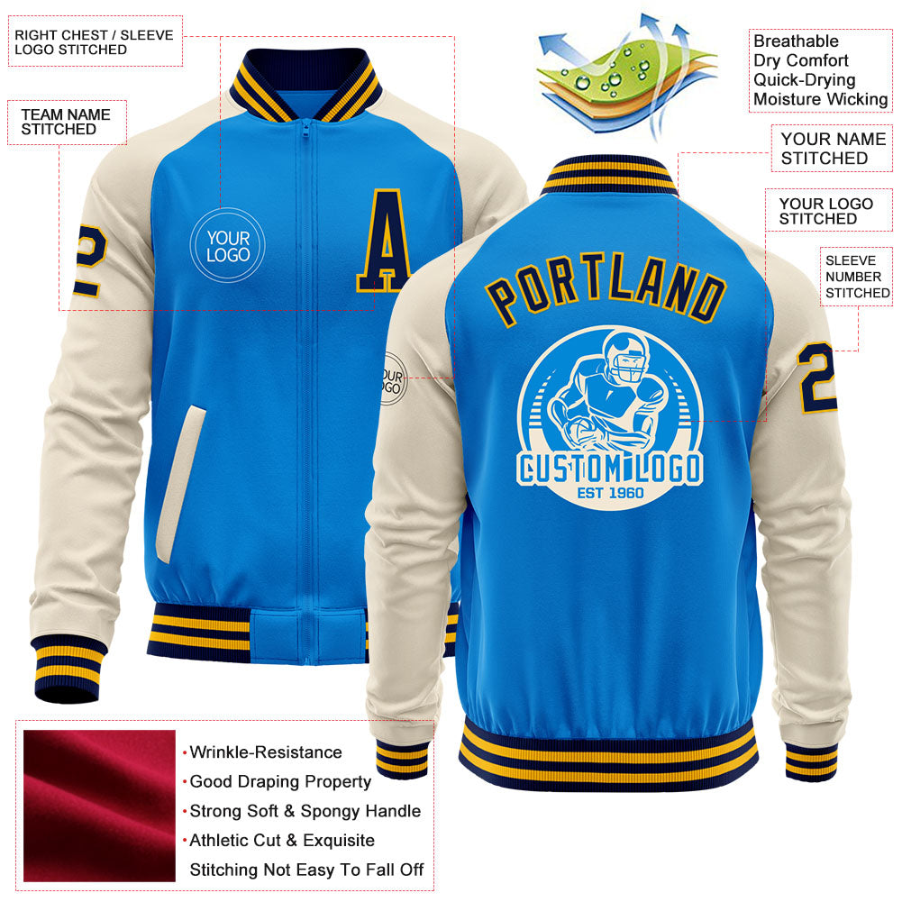 Custom Powder Blue Navy Gold-Cream Bomber Varsity Letterman Two Tone ...