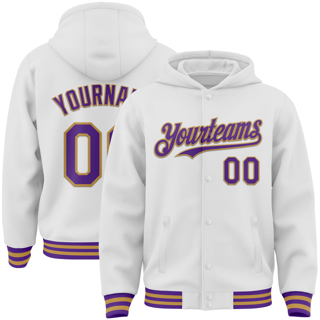 Custom White Purple-Old Gold Bomber Full-Snap Varsity Letterman Hoodie Jacket