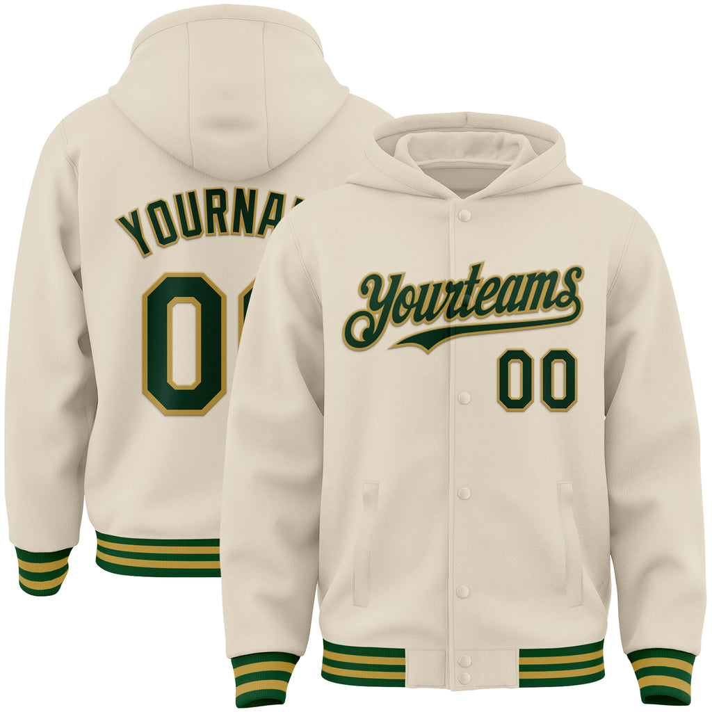 Custom Cream Green-Old Gold Bomber Full-Snap Varsity Letterman Hoodie Jacket