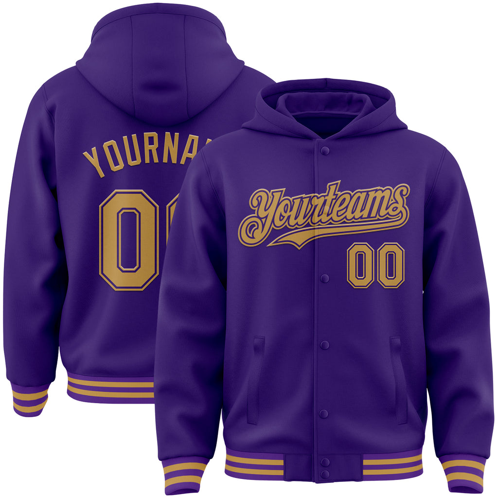 Custom Purple Old Gold Bomber Full-Snap Varsity Letterman Hoodie Jacket