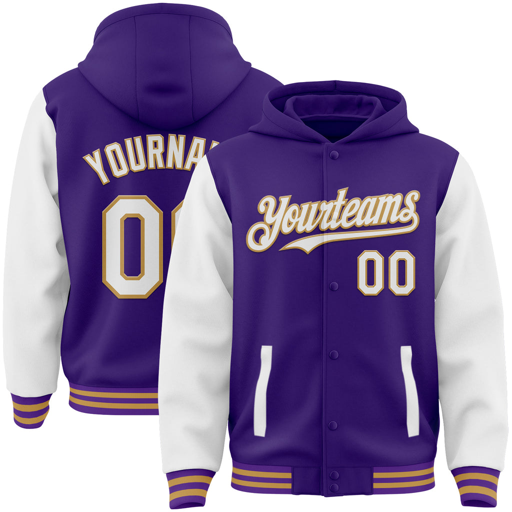 Custom Purple White-Old Gold Bomber Full-Snap Varsity Letterman Two Tone Hoodie Jacket