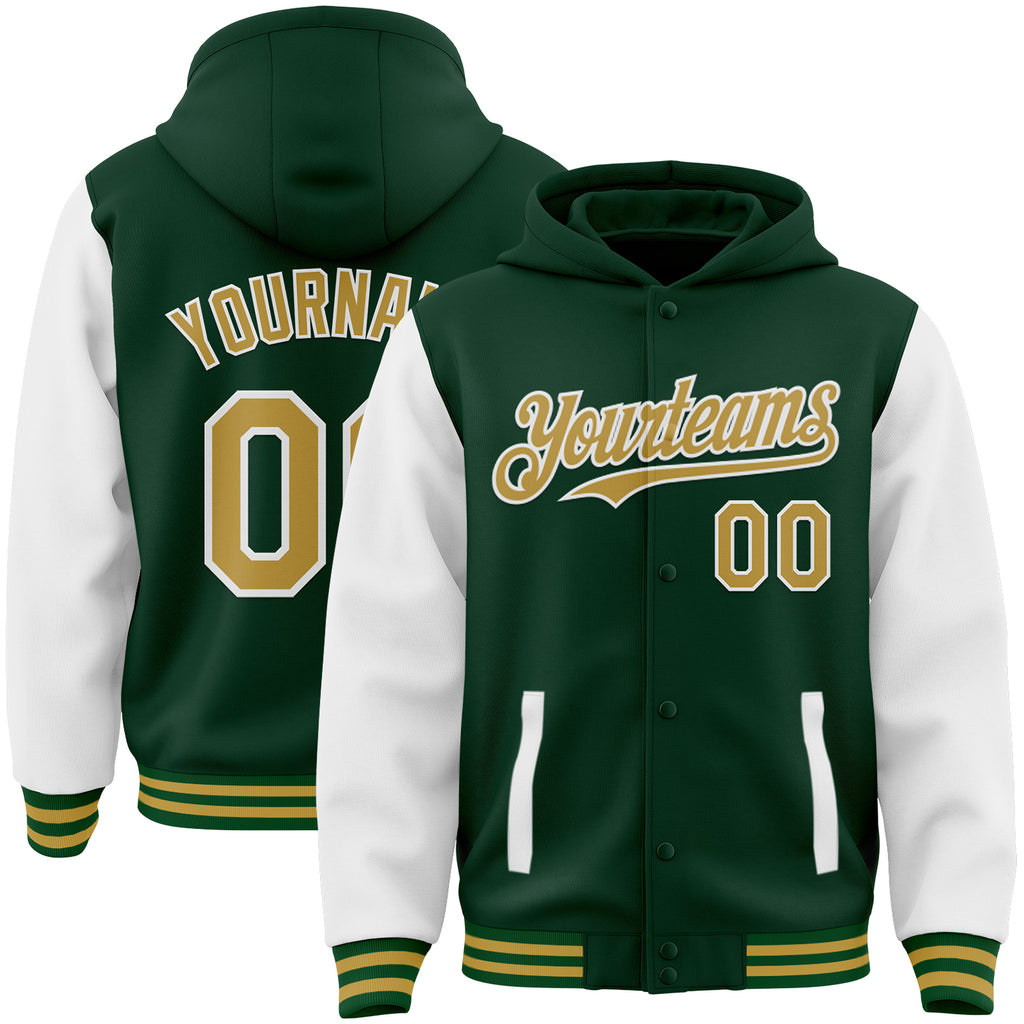 Custom Green Old Gold-White Bomber Full-Snap Varsity Letterman Two Tone Hoodie Jacket
