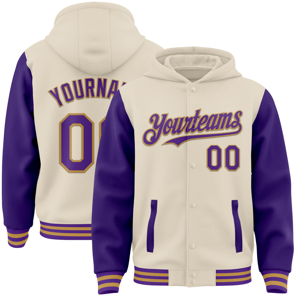Custom Cream Purple-Old Gold Bomber Full-Snap Varsity Letterman Two Tone Hoodie Jacket
