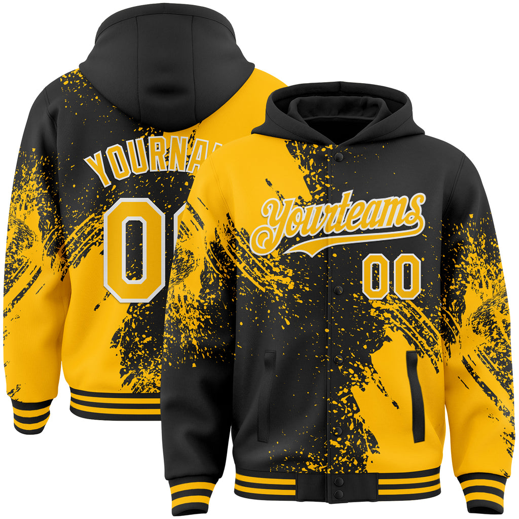 Custom Black Gold-White Abstract Brush Stroke 3D Pattern Design Bomber Full-Snap Varsity Letterman Hoodie Jacket