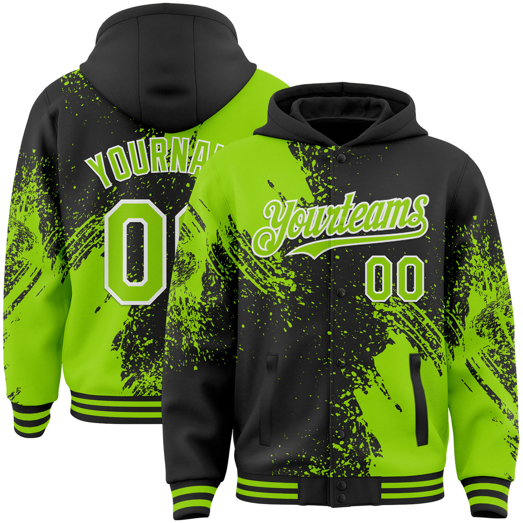 Custom Black Neon Green-White Abstract Brush Stroke 3D Pattern Design Bomber Full-Snap Varsity Letterman Hoodie Jacket