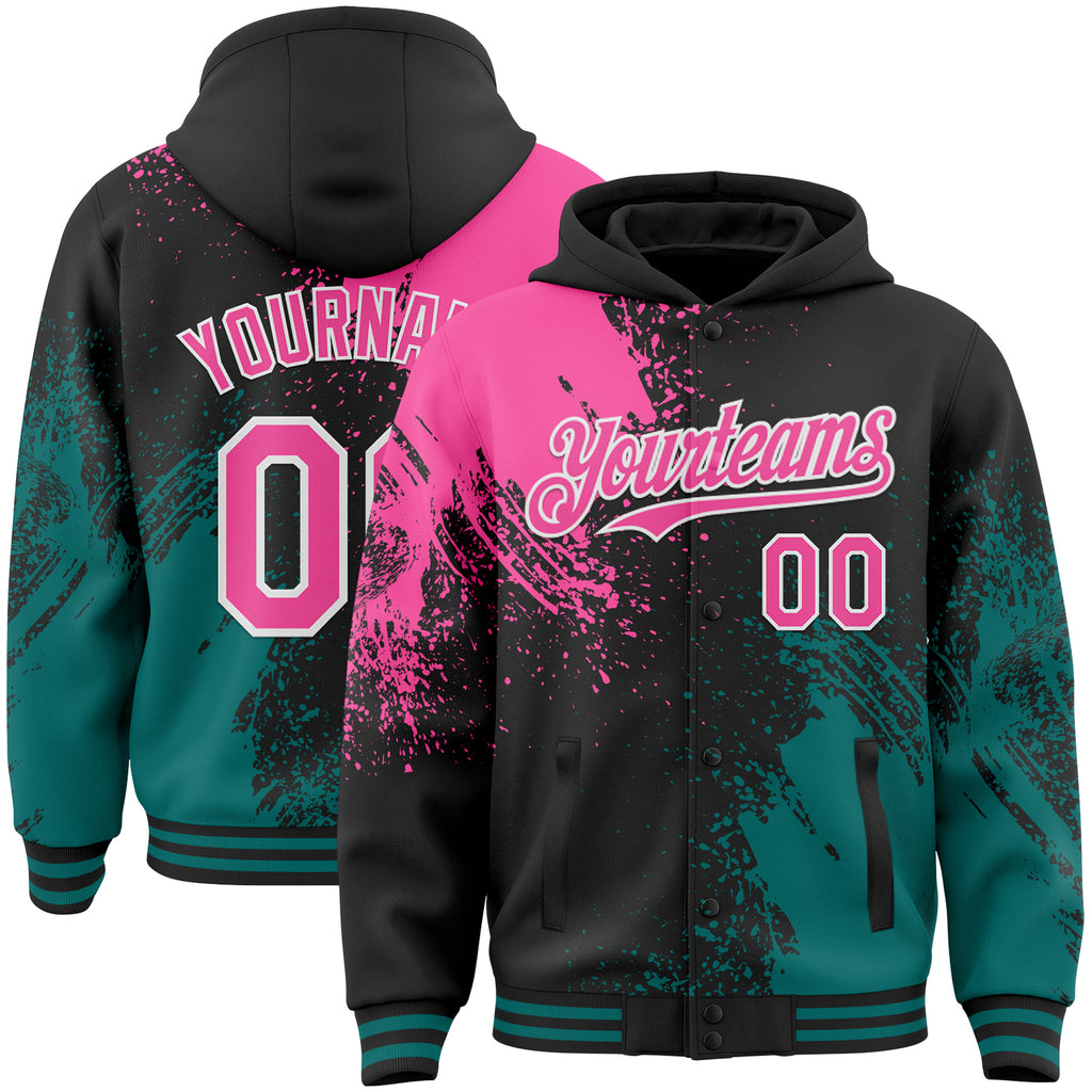 Custom Black Pink Teal-White Abstract Brush Stroke 3D Pattern Design Bomber Full-Snap Varsity Letterman Hoodie Jacket