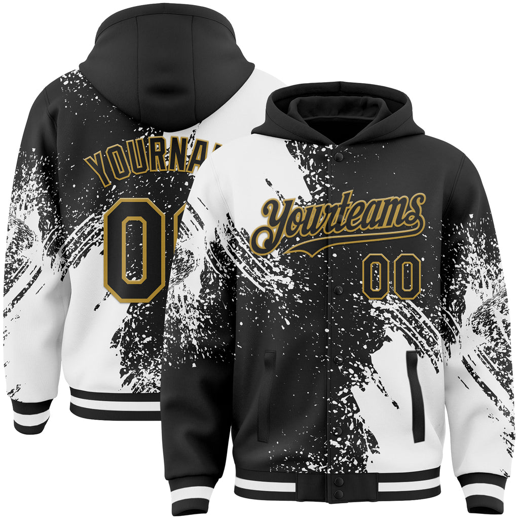 Custom Black White-Old Gold Abstract Brush Stroke 3D Pattern Design Bomber Full-Snap Varsity Letterman Hoodie Jacket