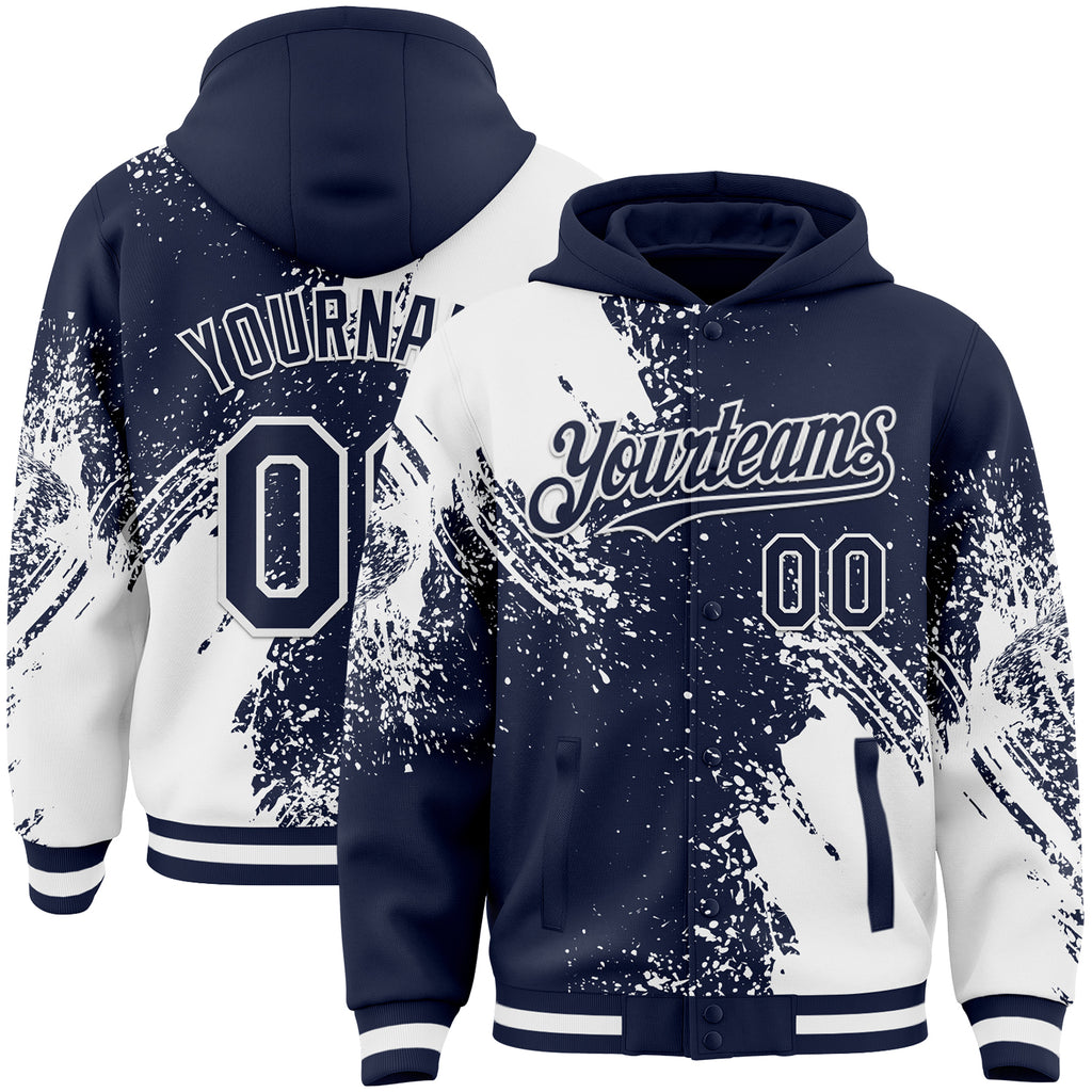 Custom Navy White Abstract Brush Stroke 3D Pattern Design Bomber Full-Snap Varsity Letterman Hoodie Jacket