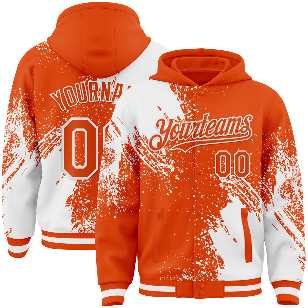 Custom Orange White Abstract Brush Stroke 3D Pattern Design Bomber Full-Snap Varsity Letterman Hoodie Jacket