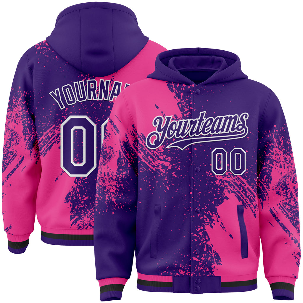 Custom Purple Pink-White Abstract Brush Stroke 3D Pattern Design Bomber Full-Snap Varsity Letterman Hoodie Jacket
