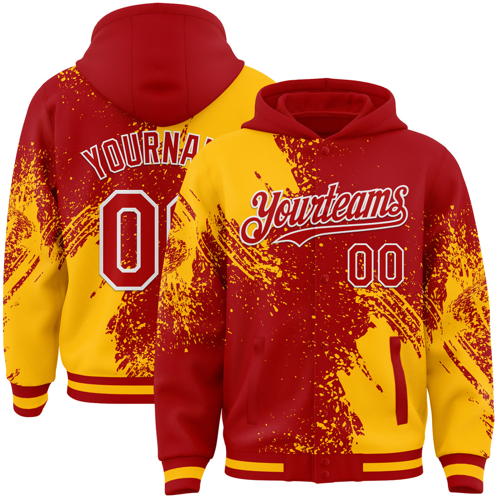 Custom Red Gold-White Abstract Brush Stroke 3D Pattern Design Bomber Full-Snap Varsity Letterman Hoodie Jacket