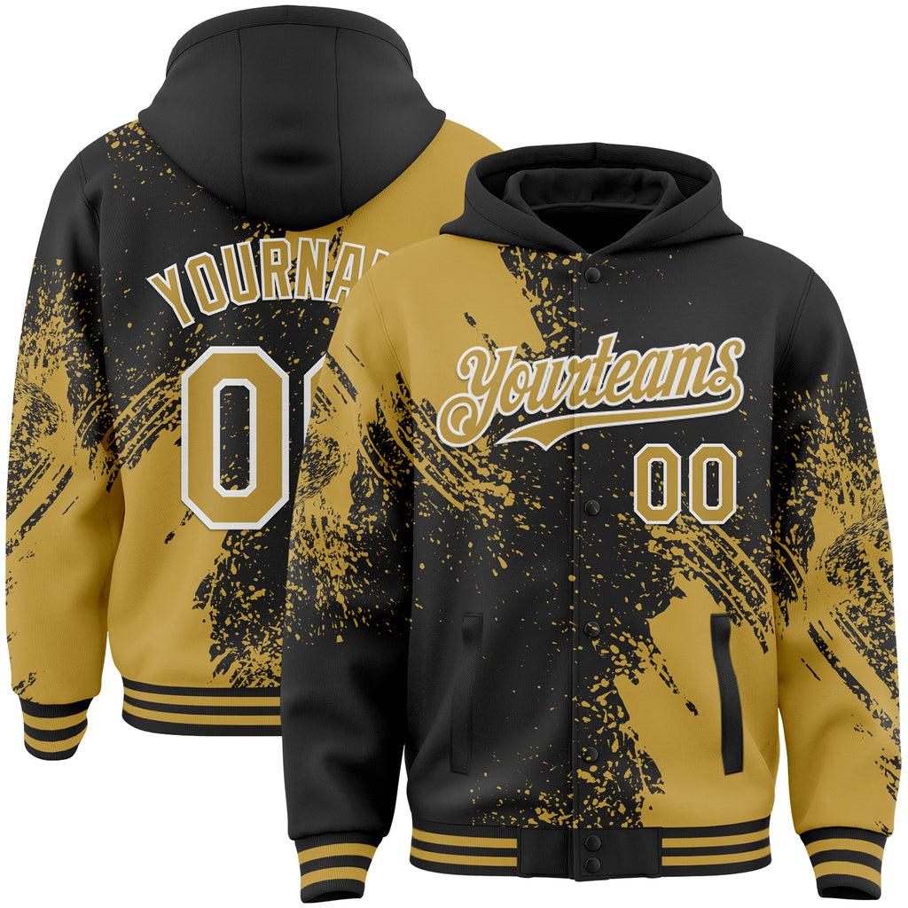 Custom Black Old Gold-White Abstract Brush Stroke 3D Pattern Design Bomber Full-Snap Varsity Letterman Hoodie Jacket