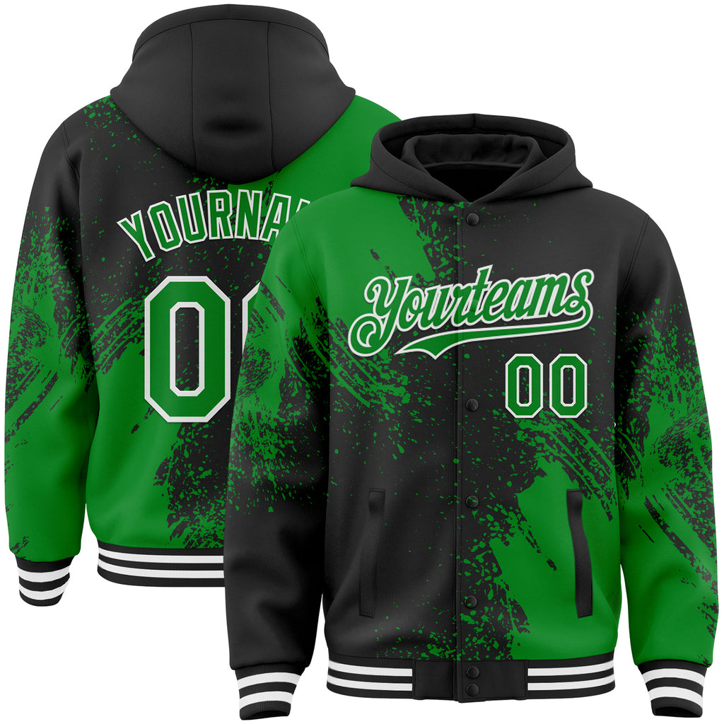 Custom Black Grass Green-White Abstract Brush Stroke 3D Pattern Design Bomber Full-Snap Varsity Letterman Hoodie Jacket