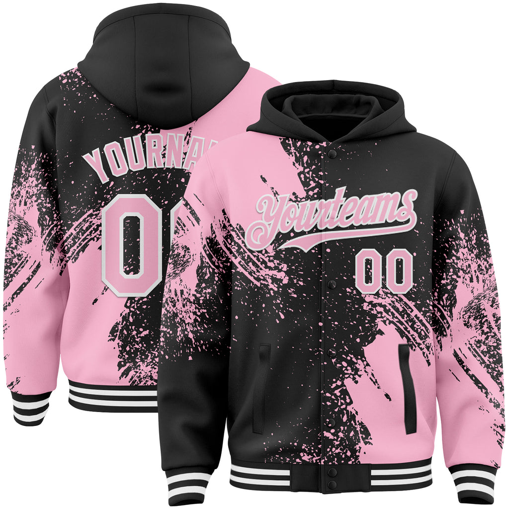 Custom Black Light Pink-White Abstract Brush Stroke 3D Pattern Design Bomber Full-Snap Varsity Letterman Hoodie Jacket