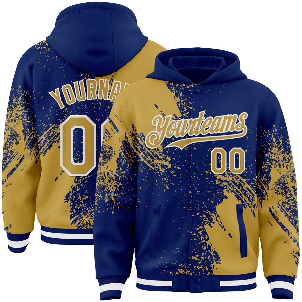 Custom Royal Old Gold-White Abstract Brush Stroke 3D Pattern Design Bomber Full-Snap Varsity Letterman Hoodie Jacket