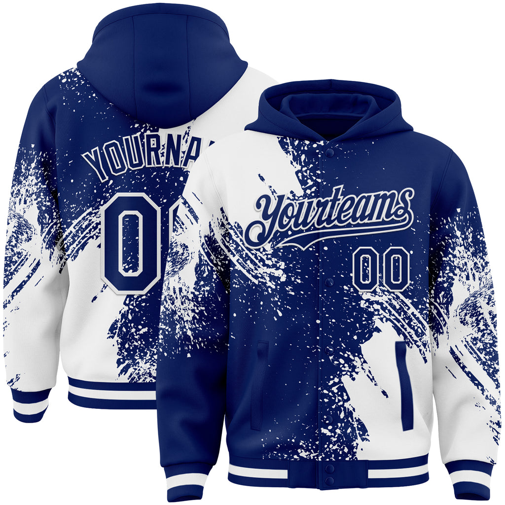 Custom Royal White Abstract Brush Stroke 3D Pattern Design Bomber Full-Snap Varsity Letterman Hoodie Jacket