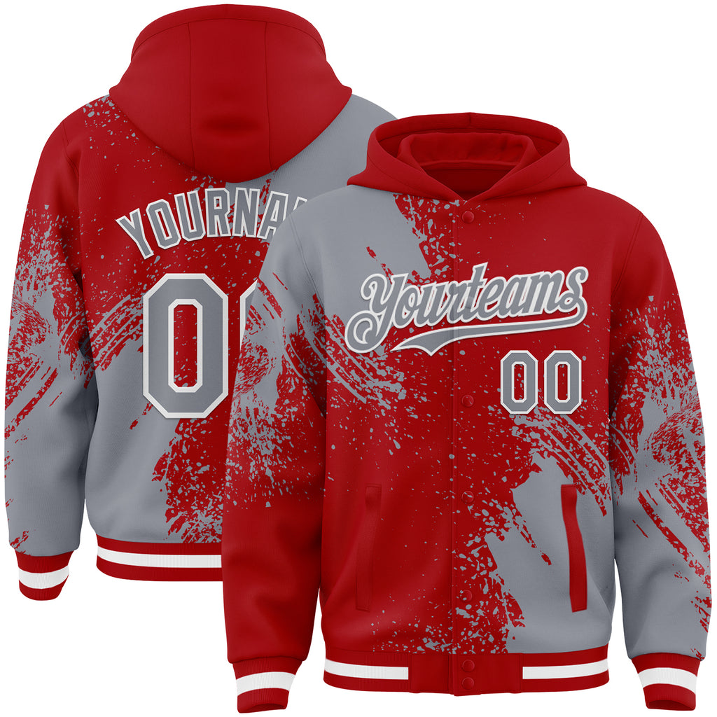 Custom Red Gray-White Abstract Brush Stroke 3D Pattern Design Bomber Full-Snap Varsity Letterman Hoodie Jacket