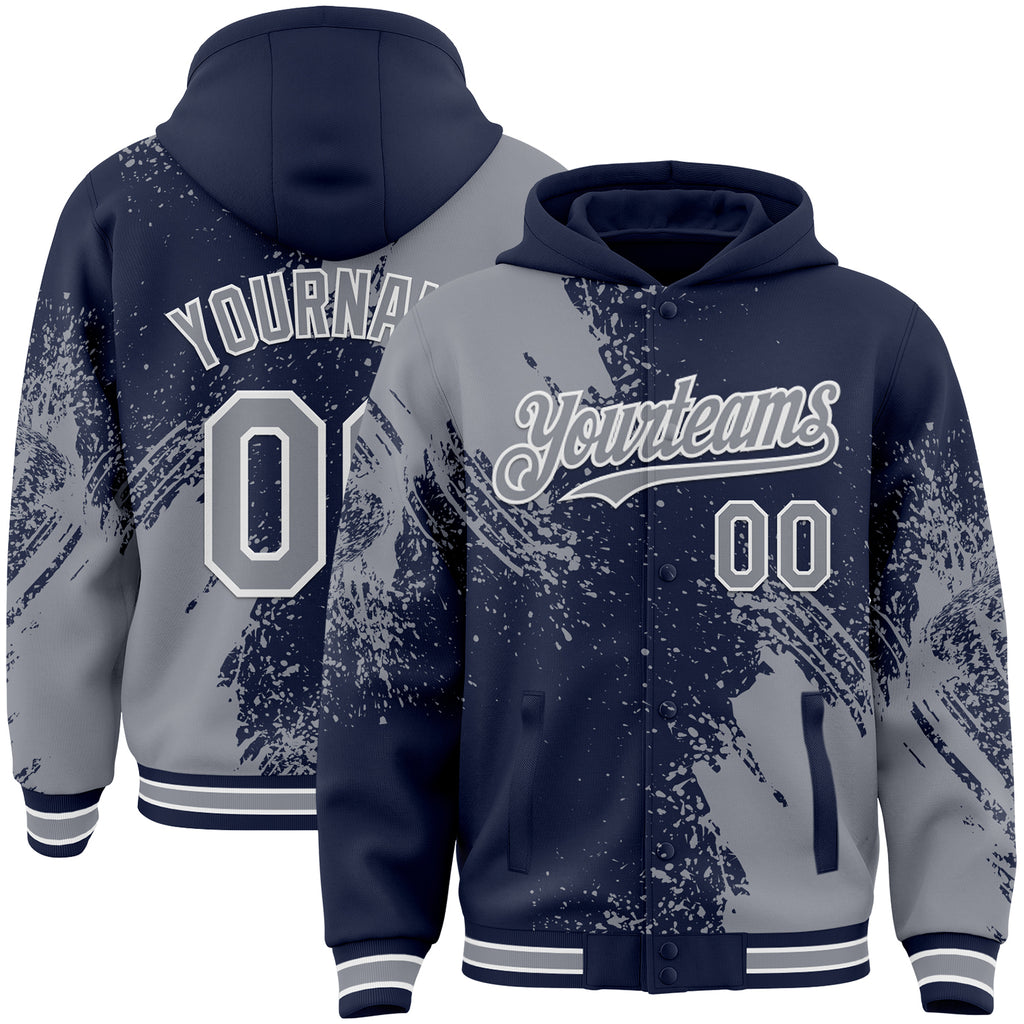 Custom Navy Gray-White Abstract Brush Stroke 3D Pattern Design Bomber Full-Snap Varsity Letterman Hoodie Jacket