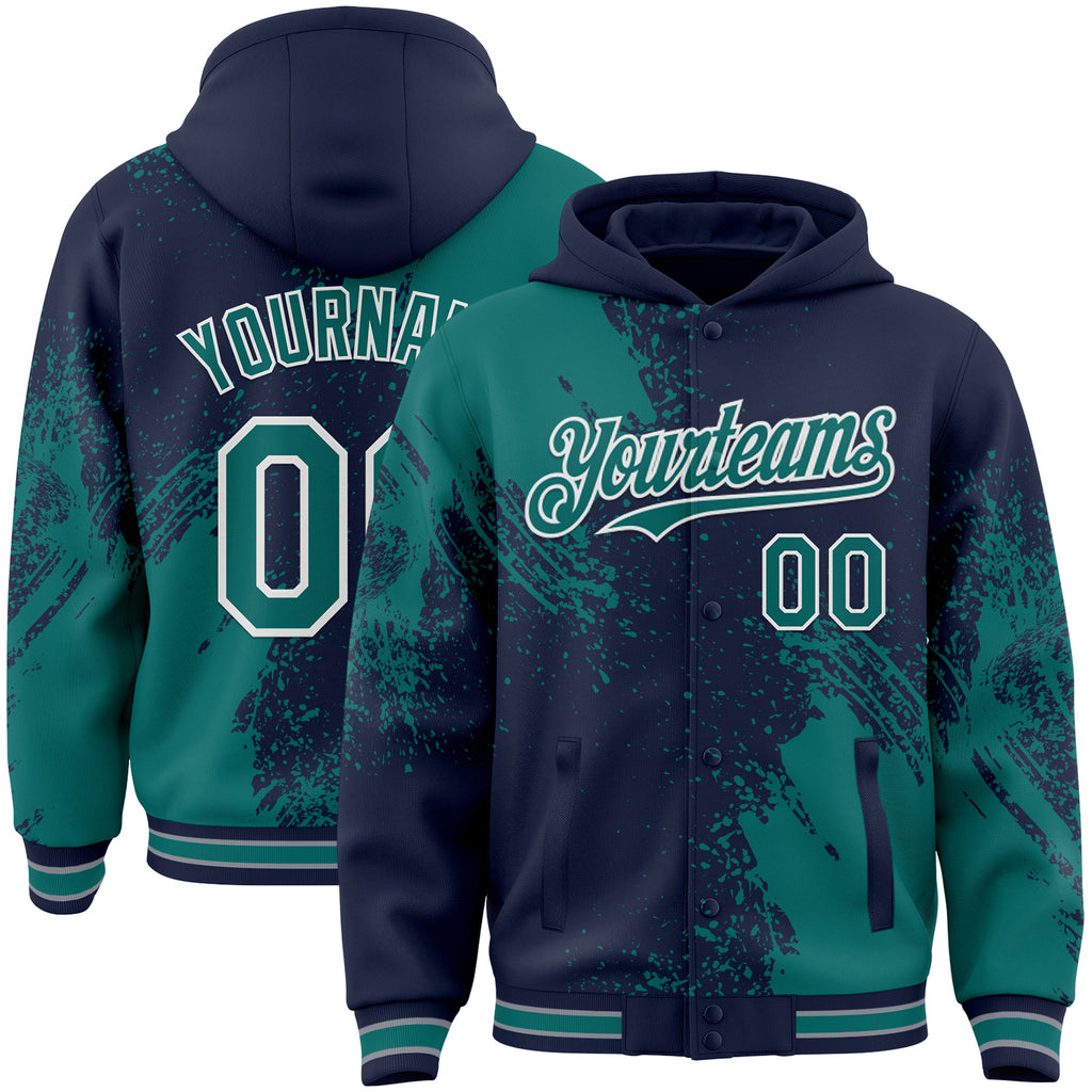 Custom Navy Teal-White Abstract Brush Stroke 3D Pattern Design Bomber Full-Snap Varsity Letterman Hoodie Jacket