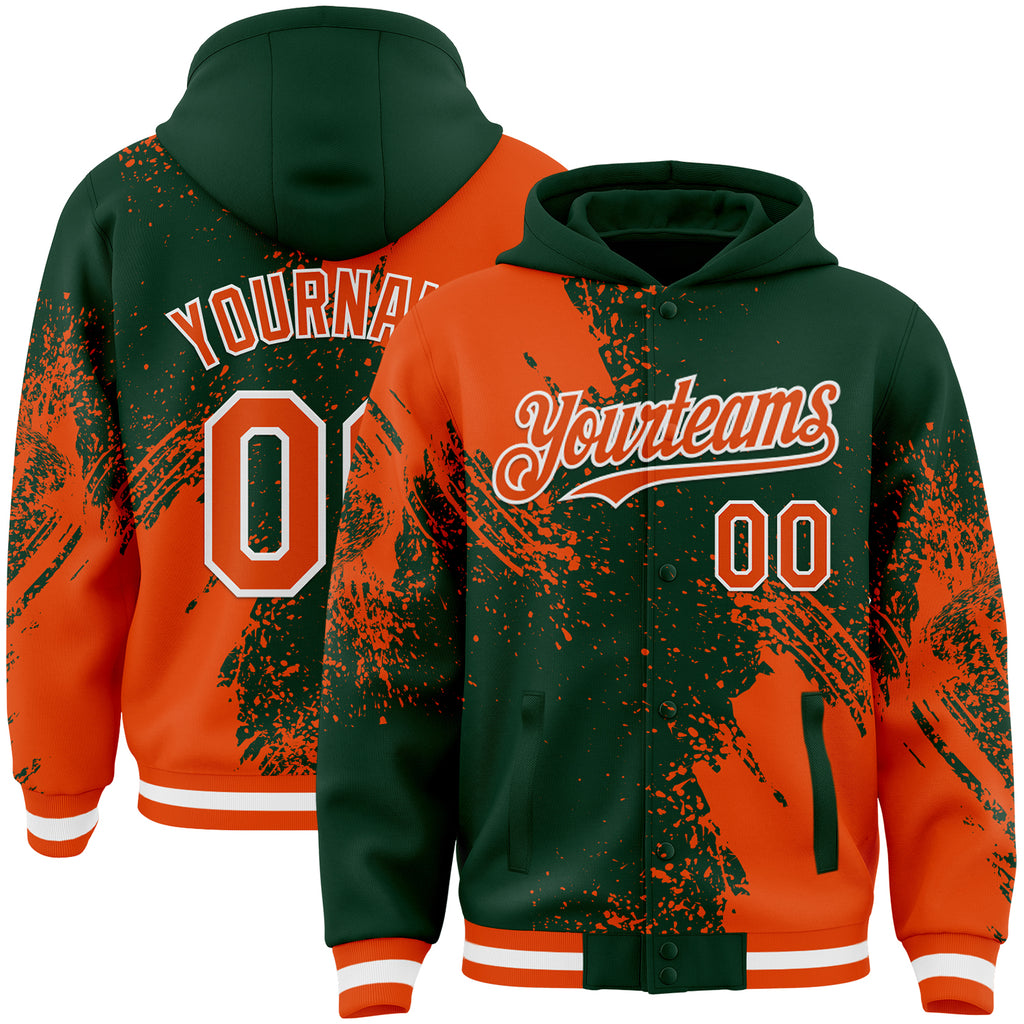 Custom Green Orange-White Abstract Brush Stroke 3D Pattern Design Bomber Full-Snap Varsity Letterman Hoodie Jacket
