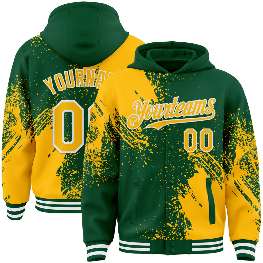 Custom Kelly Green Gold-White Abstract Brush Stroke 3D Pattern Design Bomber Full-Snap Varsity Letterman Hoodie Jacket