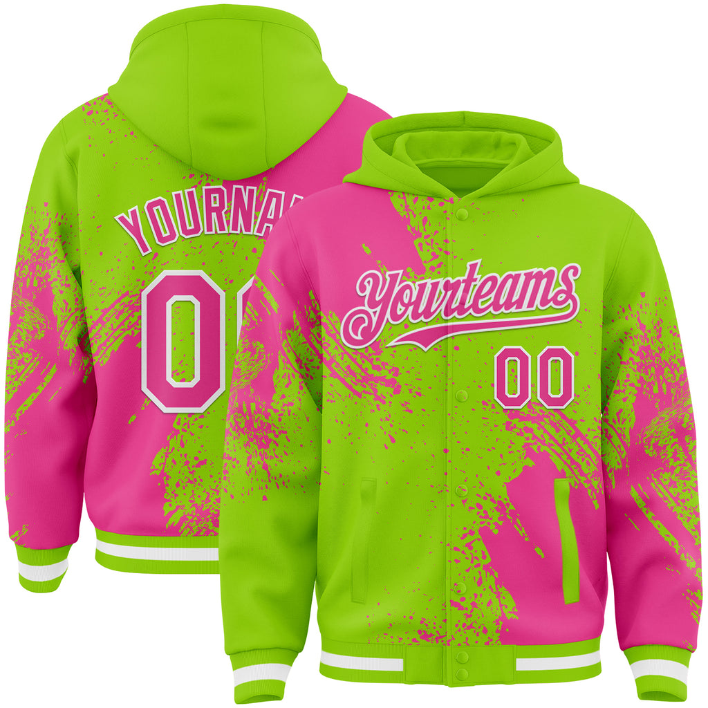 Custom Neon Green Pink-White Abstract Brush Stroke 3D Pattern Design Bomber Full-Snap Varsity Letterman Hoodie Jacket