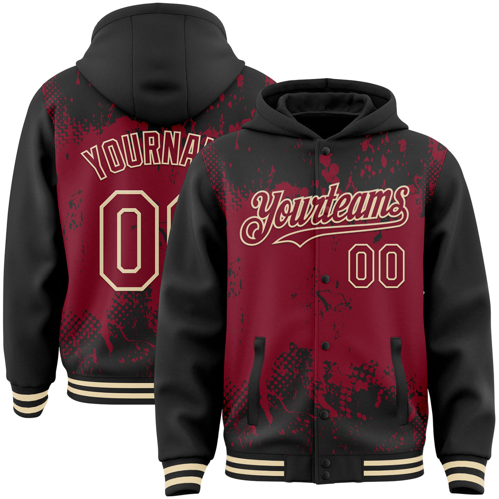 Custom Black Crimson-Cream Splash Art 3D Pattern Design Bomber Full-Snap Varsity Letterman Hoodie Jacket