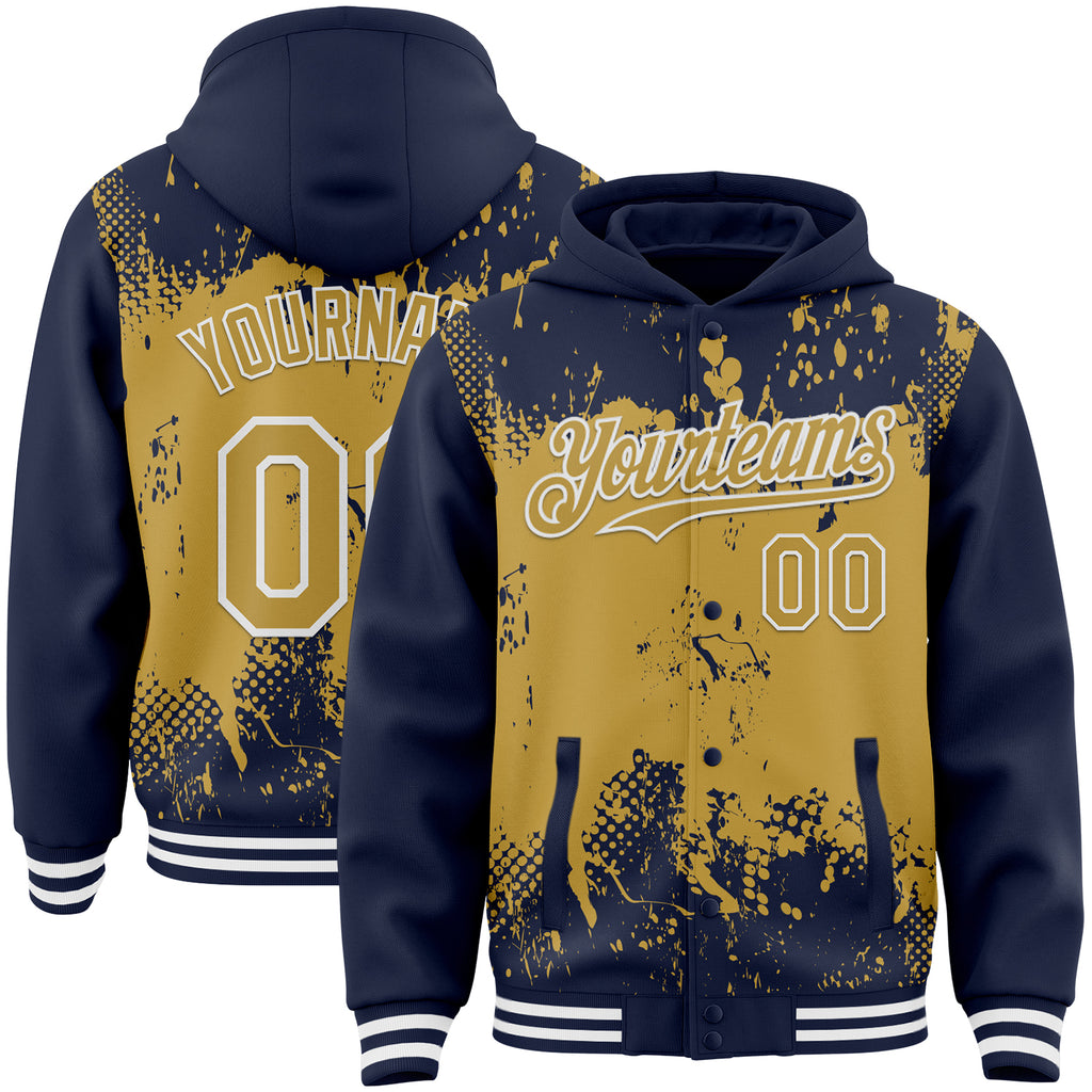 Custom Navy Old Gold-White Splash Art 3D Pattern Design Bomber Full-Snap Varsity Letterman Hoodie Jacket
