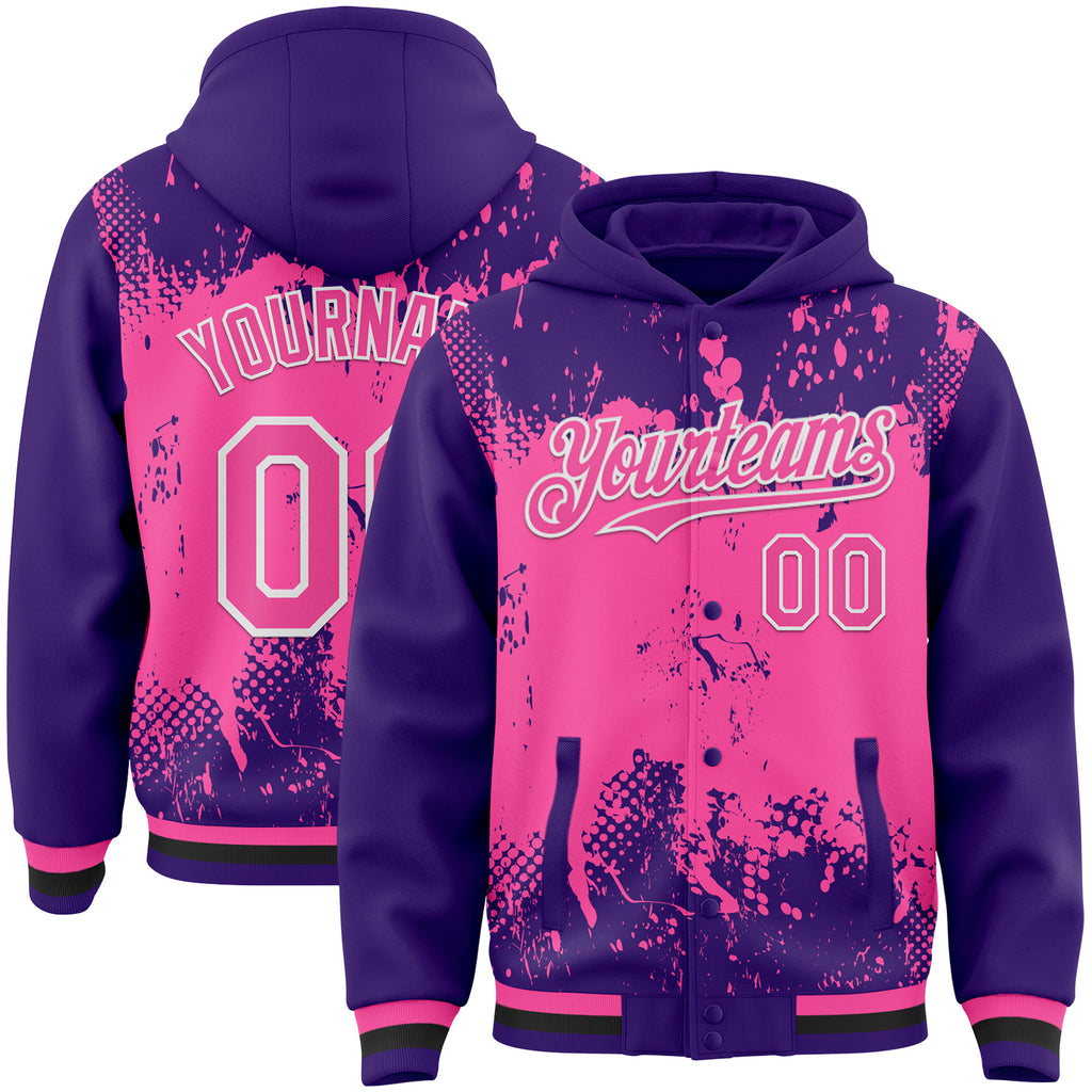 Custom Purple Pink Black-White Splash Art 3D Pattern Design Bomber Full-Snap Varsity Letterman Hoodie Jacket