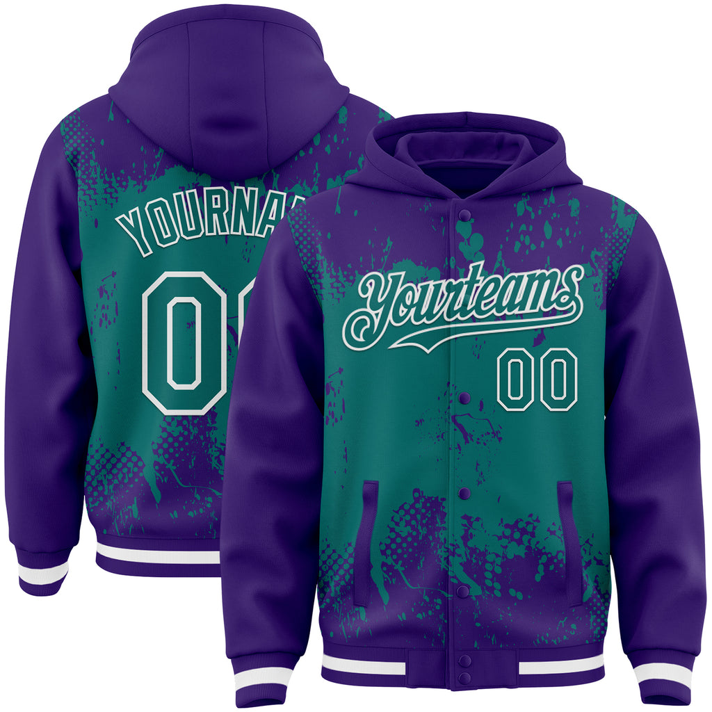 Custom Purple Teal-White Splash Art 3D Pattern Design Bomber Full-Snap Varsity Letterman Hoodie Jacket