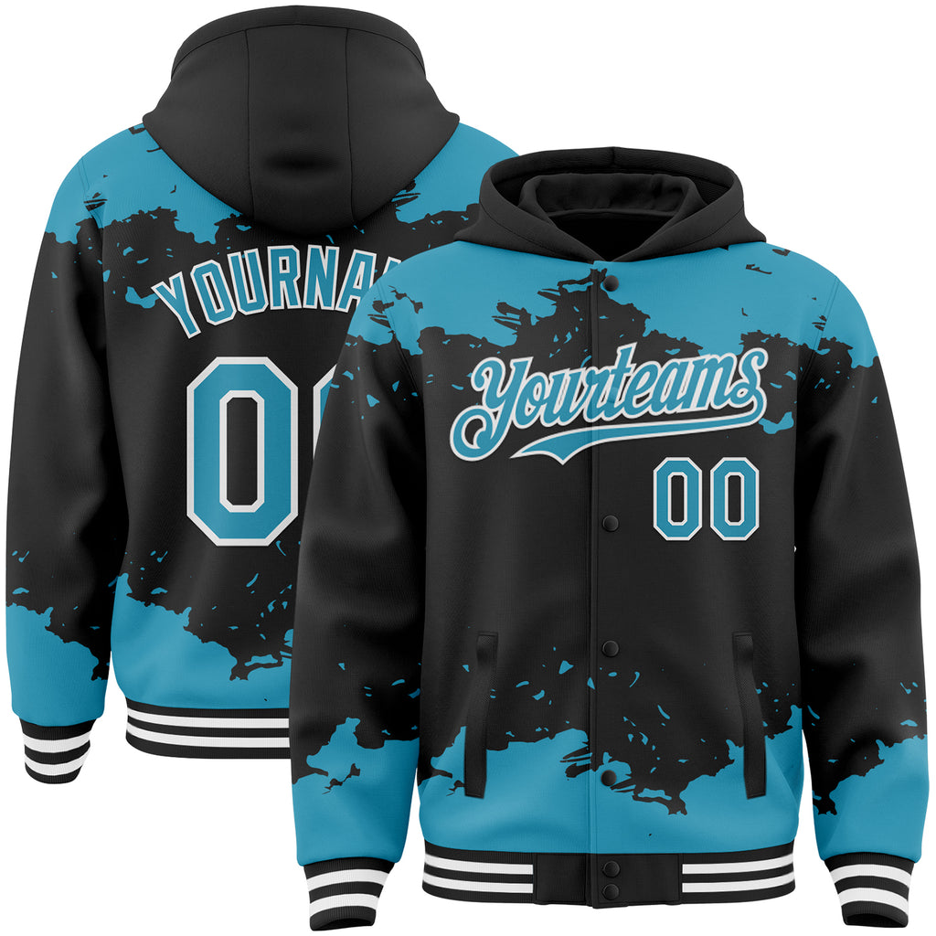Custom Black Panther Blue-White Splash Art 3D Pattern Design Bomber Full-Snap Varsity Letterman Hoodie Jacket