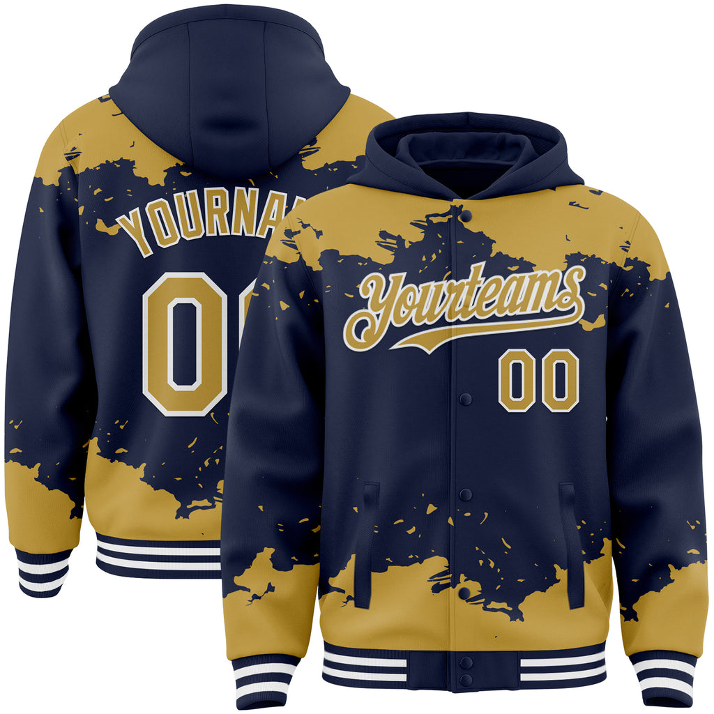 Custom Navy Old Gold-White Splash Art 3D Pattern Design Bomber Full-Snap Varsity Letterman Hoodie Jacket
