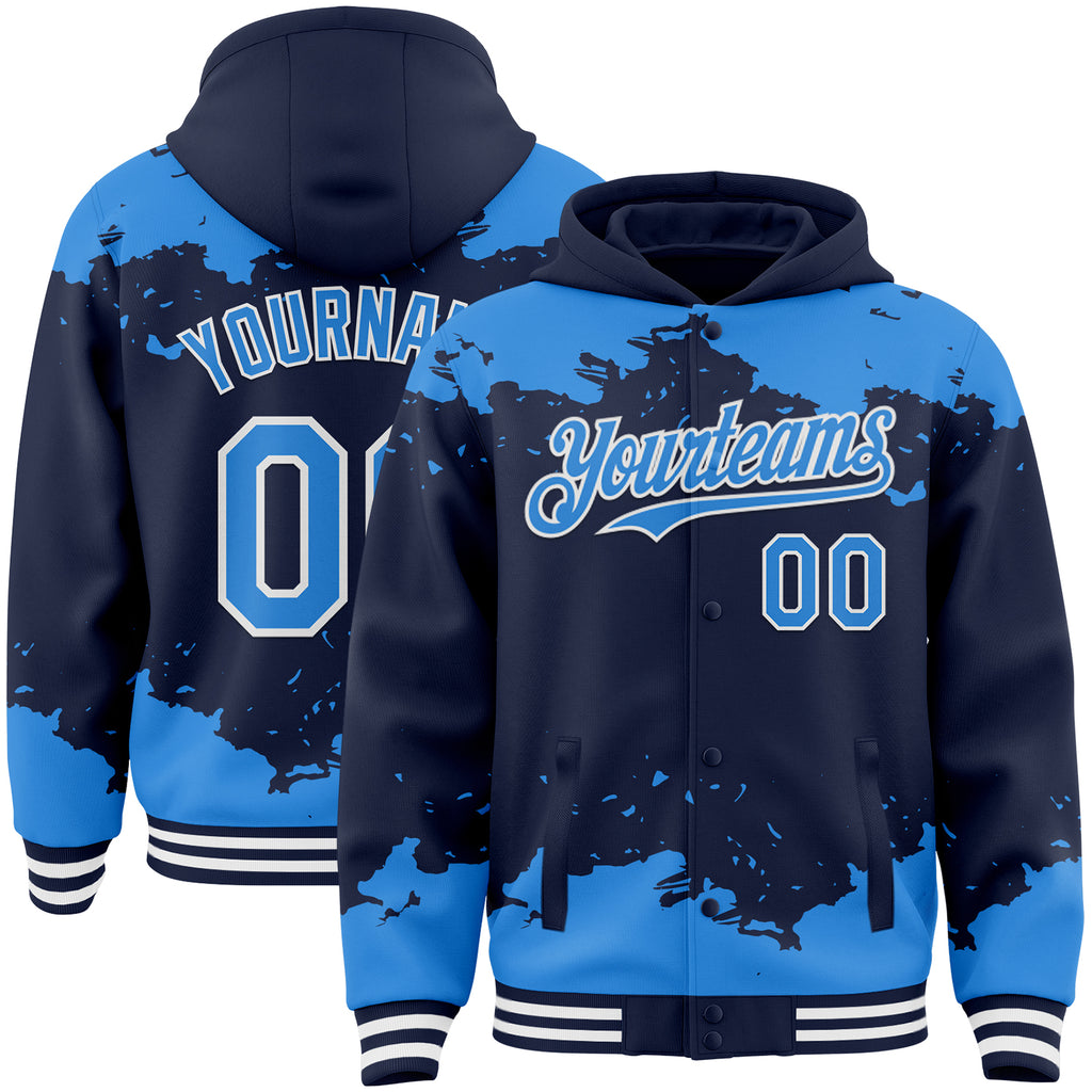 Custom Navy Powder Blue-White Splash Art 3D Pattern Design Bomber Full-Snap Varsity Letterman Hoodie Jacket