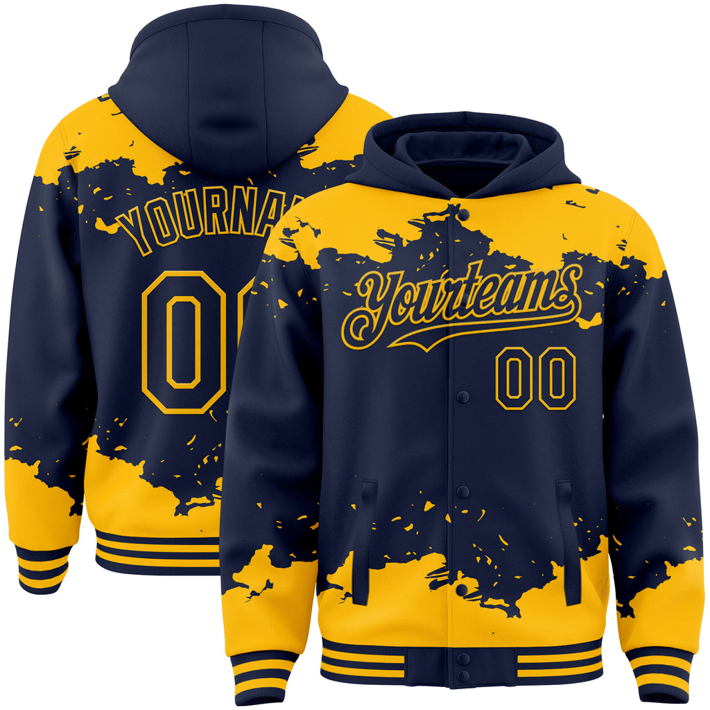 Custom Navy Gold Splash Art 3D Pattern Design Bomber Full-Snap Varsity Letterman Hoodie Jacket