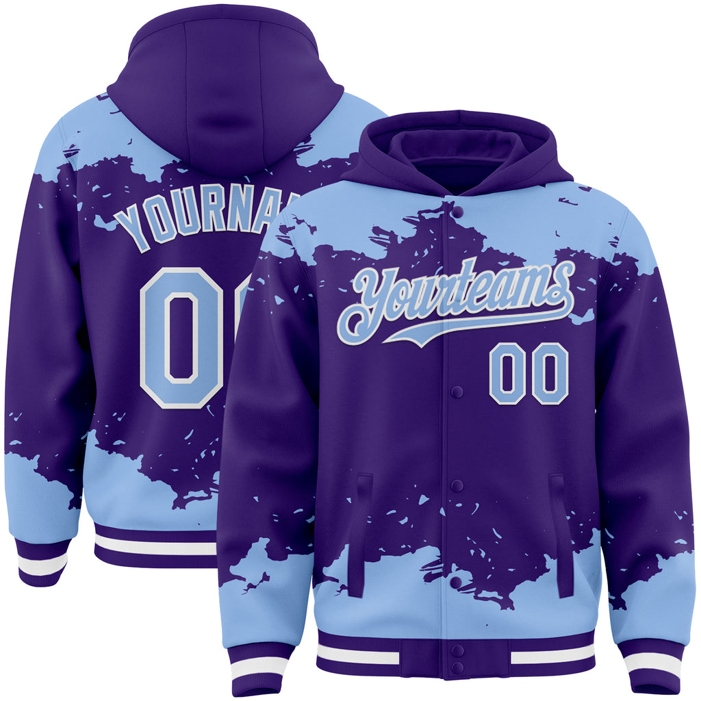 Custom Purple Light Blue-White Splash Art 3D Pattern Design Bomber Full-Snap Varsity Letterman Hoodie Jacket