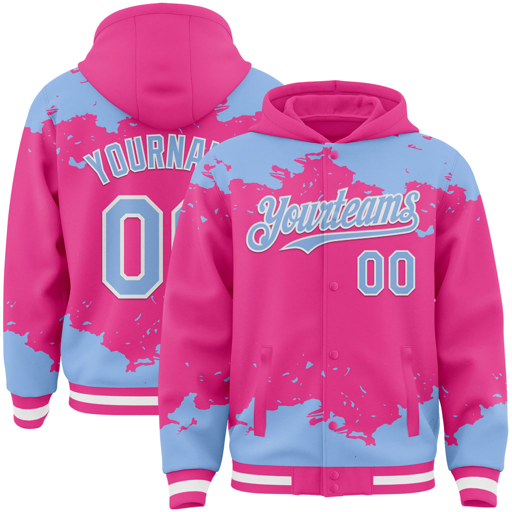 Custom Pink Light Blue-White Splash Art 3D Pattern Design Bomber Full-Snap Varsity Letterman Hoodie Jacket