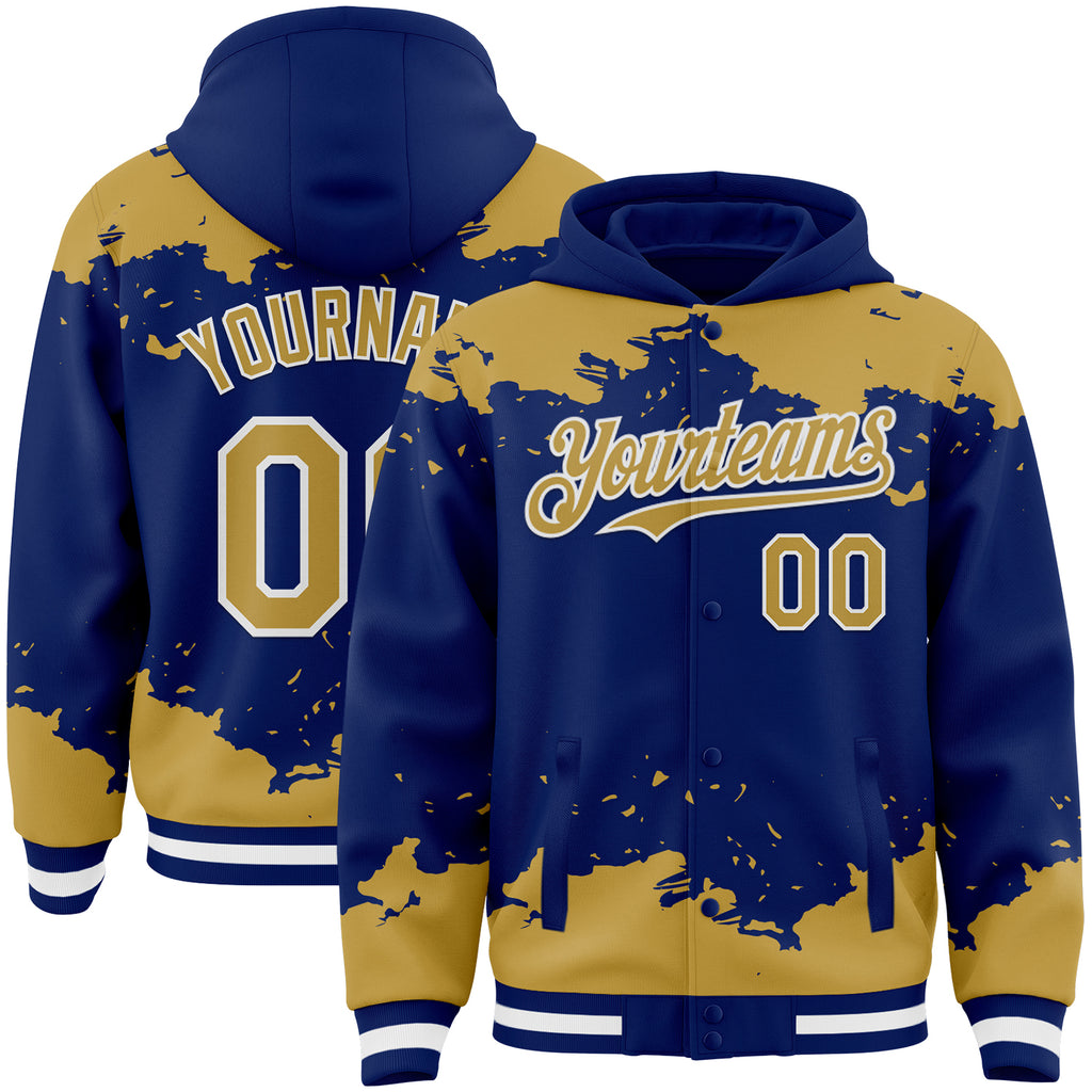 Custom Royal Old Gold-White Splash Art 3D Pattern Design Bomber Full-Snap Varsity Letterman Hoodie Jacket