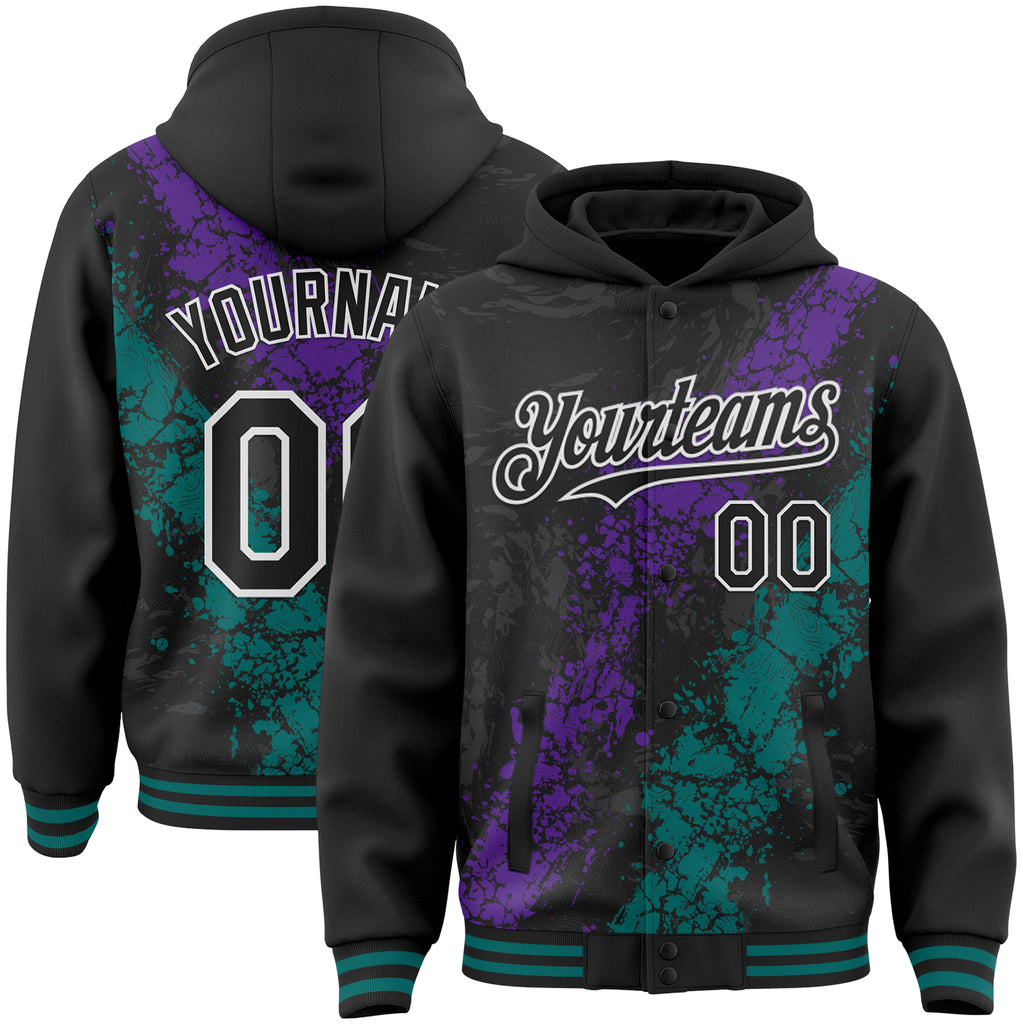 Custom Black Purple Teal-White Splash Art 3D Pattern Design Bomber Full-Snap Varsity Letterman Hoodie Jacket