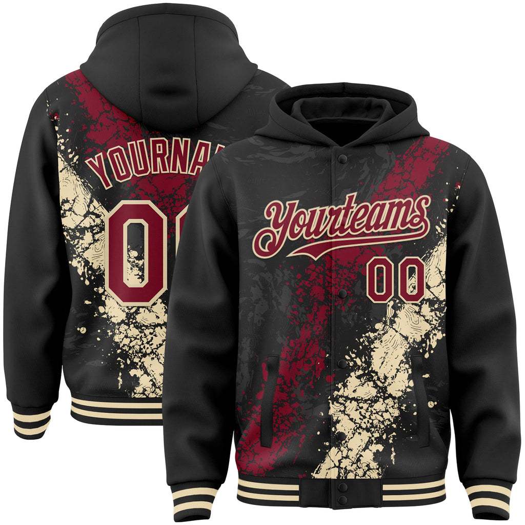 Custom Black Crimson-Cream Splash Art 3D Pattern Design Bomber Full-Snap Varsity Letterman Hoodie Jacket
