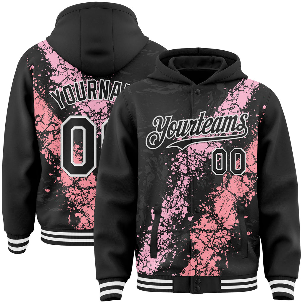 Custom Black Light Pink Medium Pink-White Splash Art 3D Pattern Design Bomber Full-Snap Varsity Letterman Hoodie Jacket
