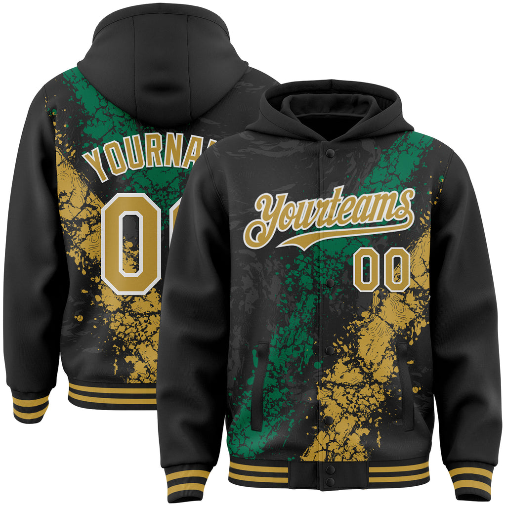 Custom Black Old Gold Kelly Green-White Splash Art 3D Pattern Design Bomber Full-Snap Varsity Letterman Hoodie Jacket