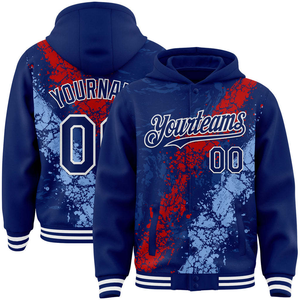 Custom Royal Red Light Blue-White Splash Art 3D Pattern Design Bomber Full-Snap Varsity Letterman Hoodie Jacket