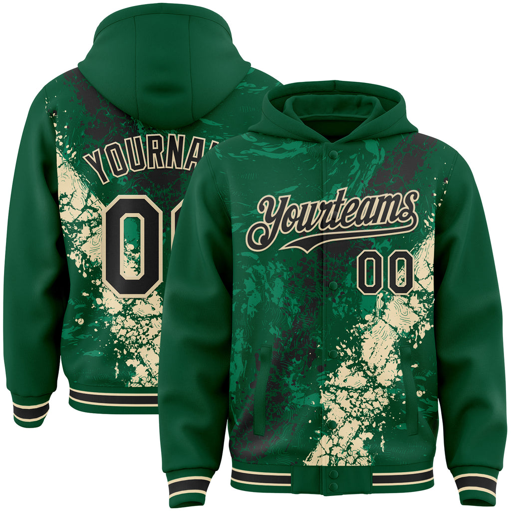 Custom Kelly Green Black-Cream Splash Art 3D Pattern Design Bomber Full-Snap Varsity Letterman Hoodie Jacket