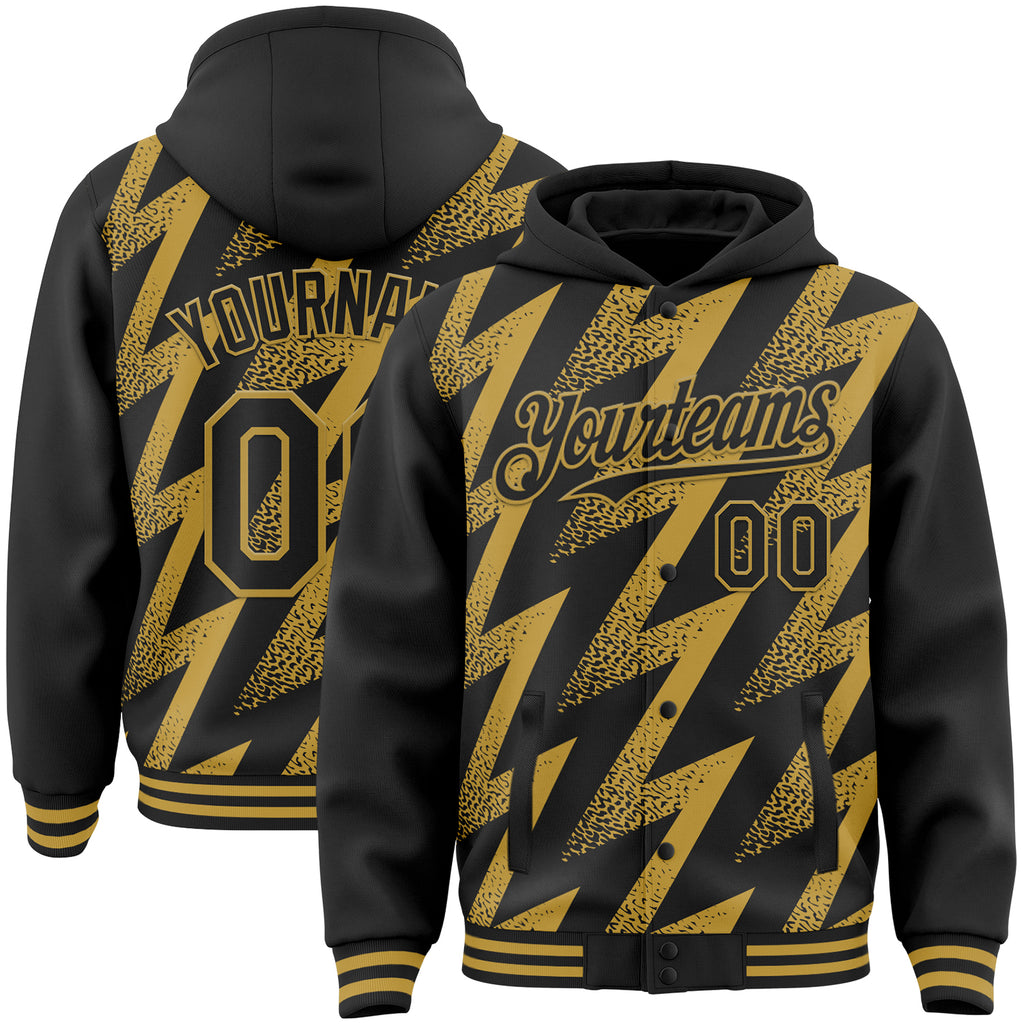 Custom Black Old Gold Zigzag Shape 3D Pattern Design Bomber Full-Snap Varsity Letterman Hoodie Jacket